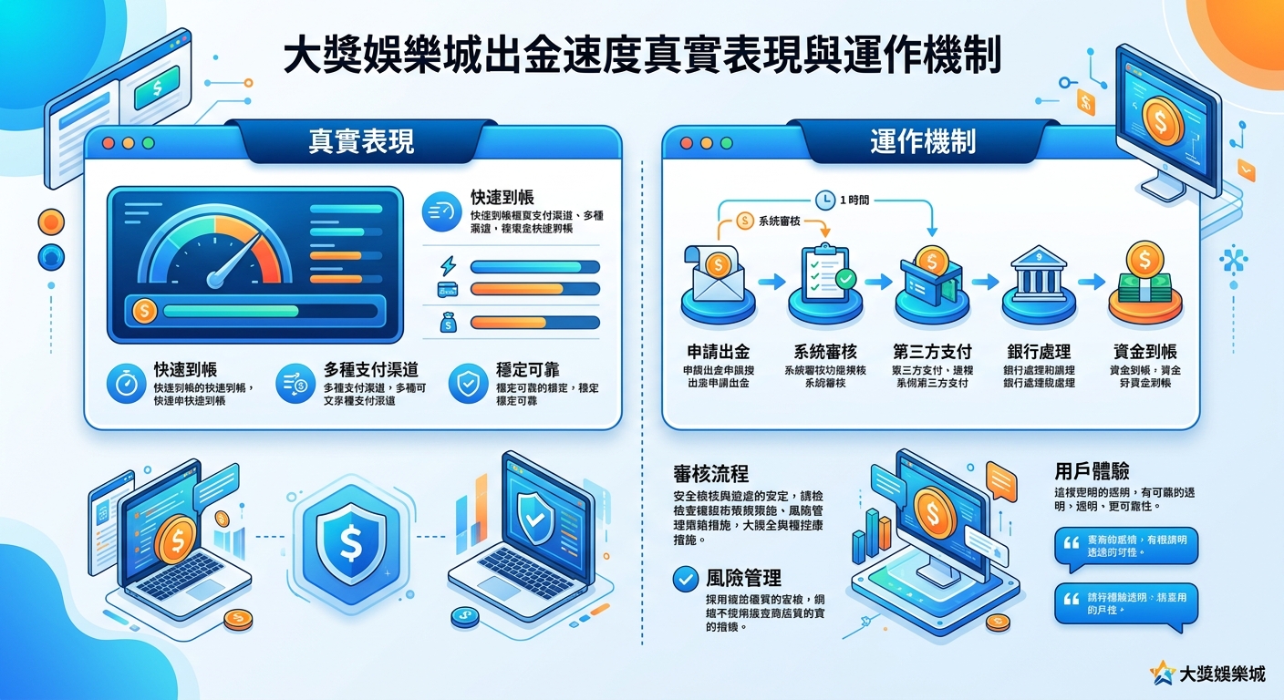這張圖表以藍色調的科技風格呈現,展示了「大獎娛樂城」的出金速度表現與背景運作流程。 畫面包含速度儀表板、安全盾牌及一步步的審核到帳流程圖,強調快速、透明與穩定的服務體驗。