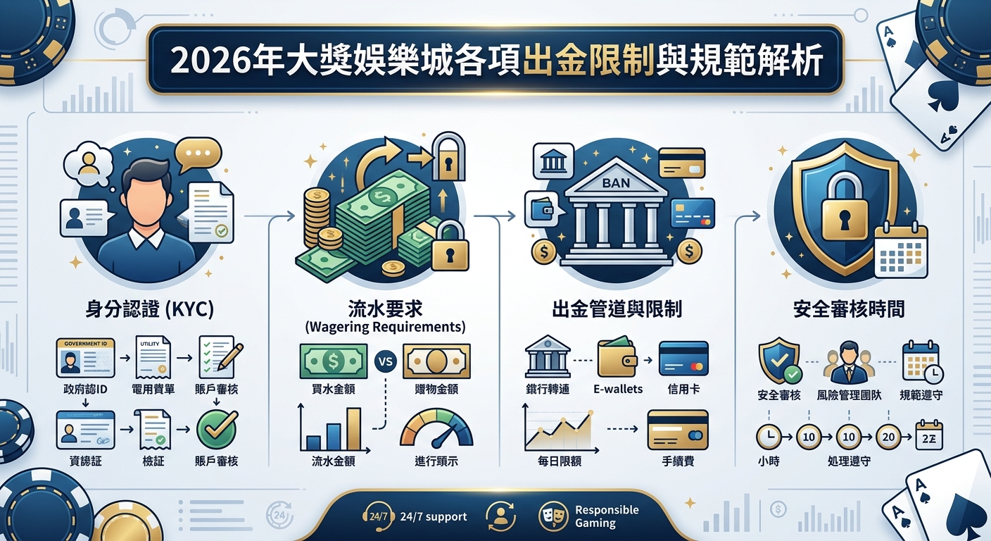 這是一份關於「2026年大獎娛樂城各項出金限制與規範解析」的資訊圖表,系統化地展示了身份認證(KYC)、流水要求、出金管道與安全審核流程。 整體採用簡潔專業的藍白科技風格搭配娛樂城視覺元素,將複雜的出金規則與限制以直觀易懂的流程圖完美呈現。